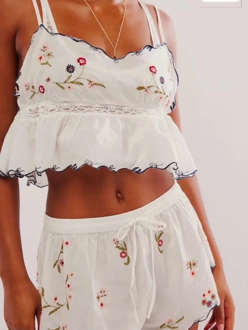 Intimately Free People Floral Embroidered Cami & Shorts Lounge Set Ivory - Picture 3 of 6